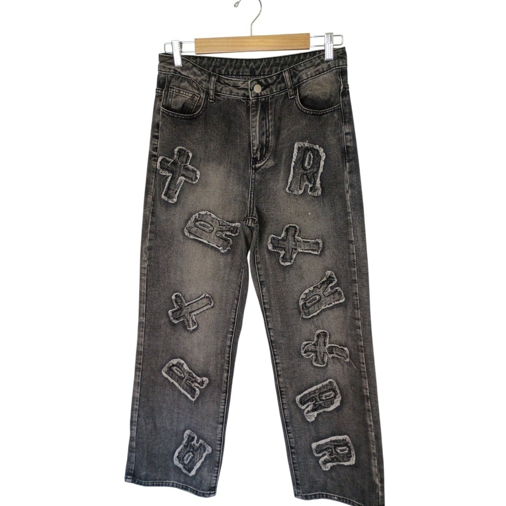 Vintage Gray Faded Distressed Cross Patchwork Straight Leg Jeans Streetwear S